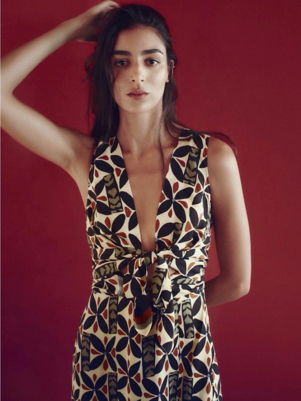 Zara Cream, Black, Olive & Rust Printed Midi Dress
